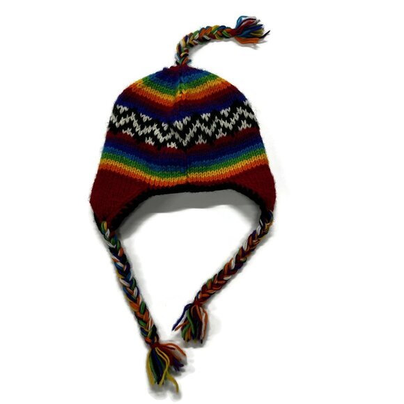 Cold Winter Multicolor Hat Nepal Beanie Rainbow Pigtails Wool Knit Stripe - Picture 3 of 6